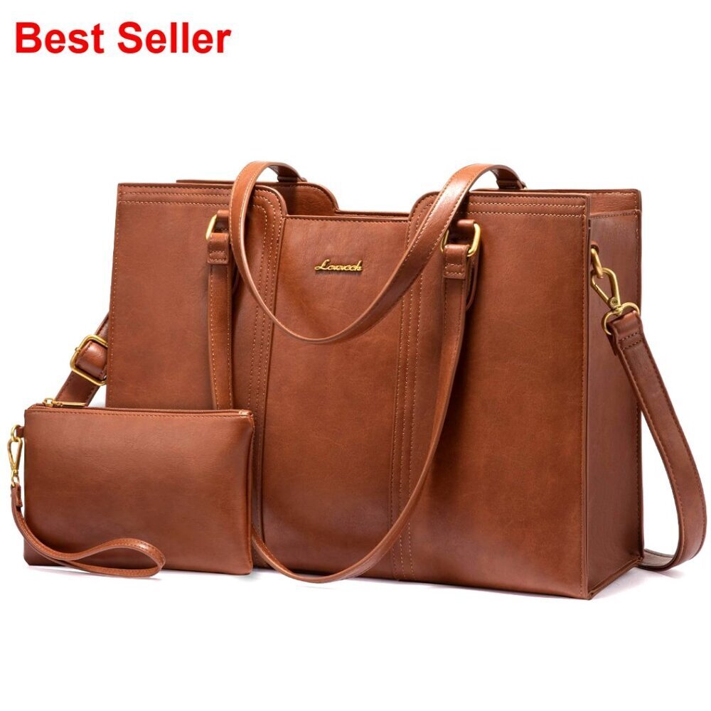 Waterproof Laptop Tote Bag for 15.6 Inch, PU Leather with Wristlet